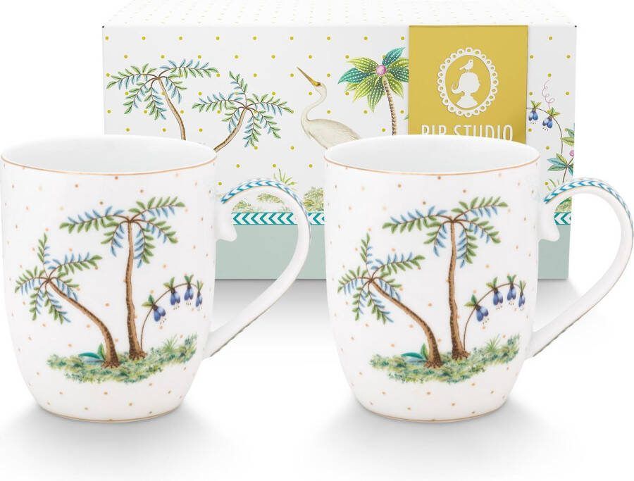 Pip Studio Set van2 mokjes Small Jolie Dots Gold 145ml 2 senseo mokjes wit met tropische bloemen