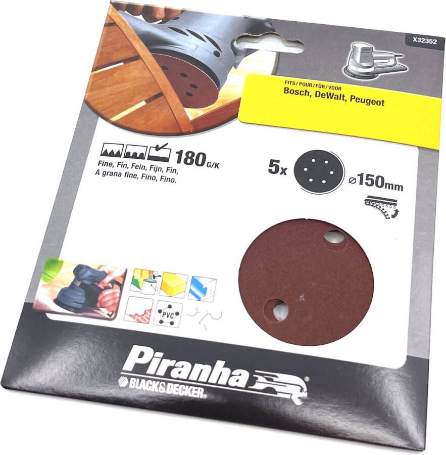 Piranha schuurschijf voor excentrische schuurmachine Ø 150 mm Korrel 180 Bosch & DeWalt 5 stuks X32352