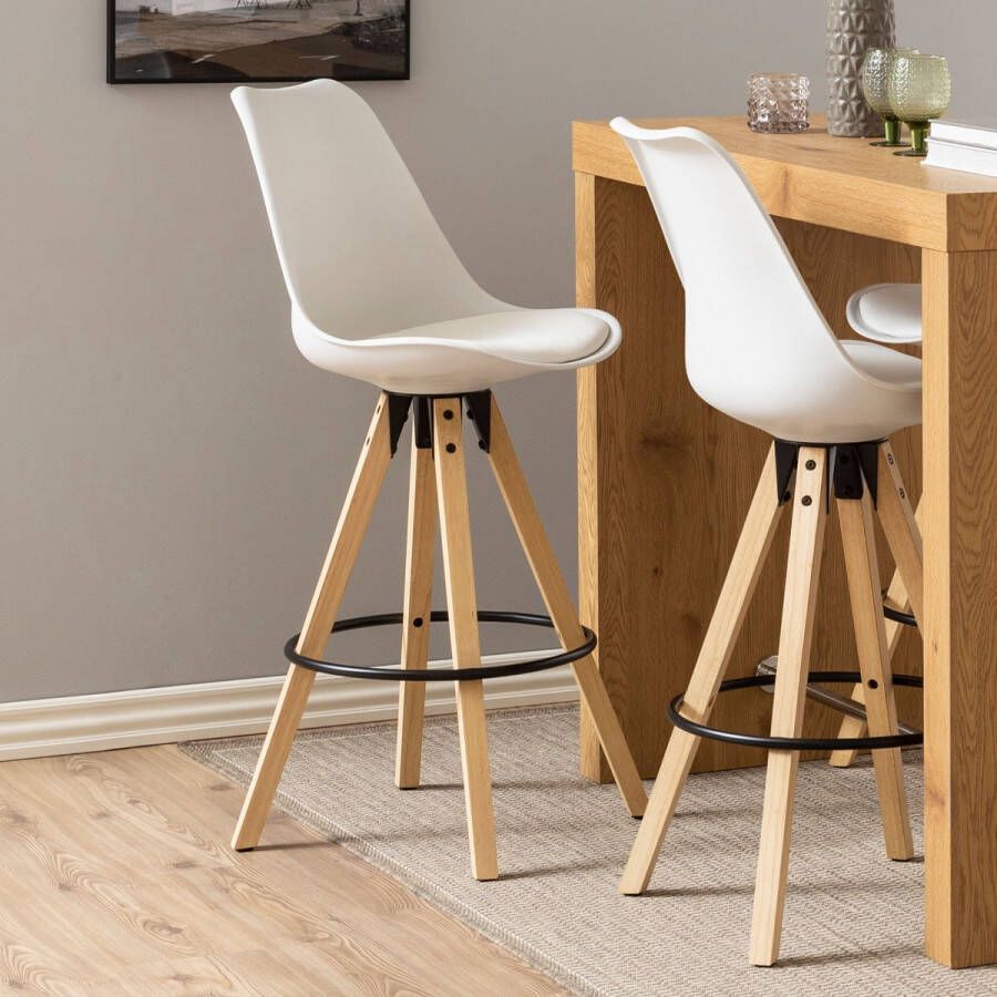 Hioshop Dimmo barstoel Schelpstoel wit rubberhout.