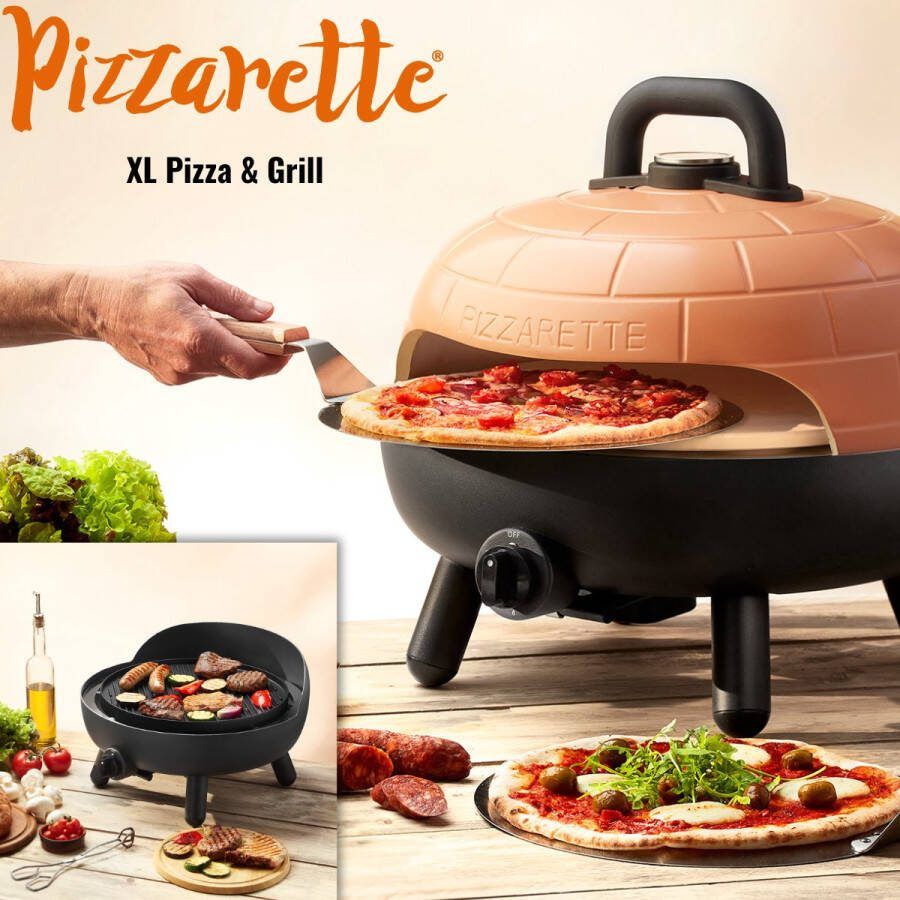 Pizzarette XL voor grote pizza s met originele chamotte pizza stenen en keramische koepel welke met de bijgeleverde grillplaat ook een perfecte grill is. Incl. pizza schep dig. themometer gasslang. Pizza's bakken in 1 5min tot 400gr