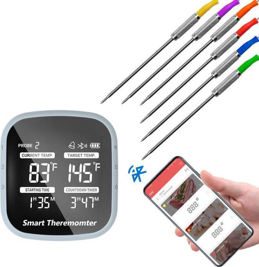 PK-Goods BBQ thermometer Bluetooth thermometer- BBQ Accesoires Incl. 6 draden Vleesthermometer