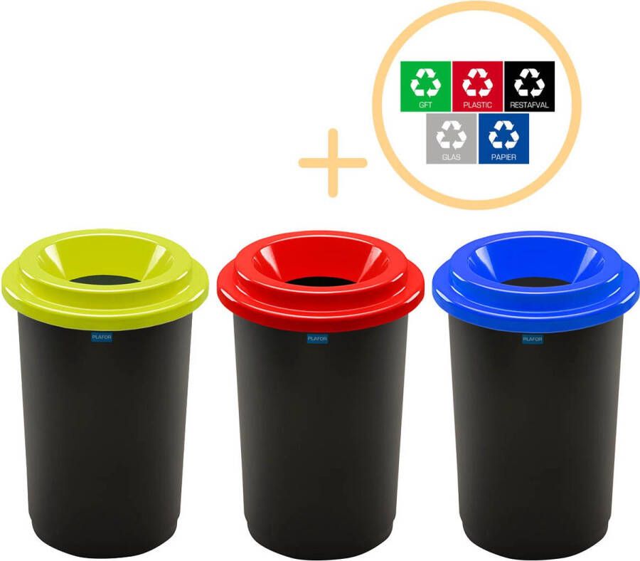 Plafor Eco Bin Prullenbak voor afvalscheiding 50L – Set van 3 Blauw Groen Rood Inclusief 5-delige Stickerset Afvalbak voor gemakkelijk Afval Scheiden en Recycling Afvalemmer Vuilnisbak voor Huishouden Keuken en Kantoor Afvalbakken