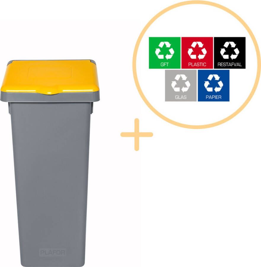 Plafor Fit Bin Prullenbak met Deksel voor Afvalscheiding 75L – Zwart Geel- Inclusief 5-delige Stickerset Afvalbak voor gemakkelijk Afval Scheiden en Recycling Afvalemmer Vuilnisbak voor Huishouden Keuken en Kantoor Afvalbakken Recyclen