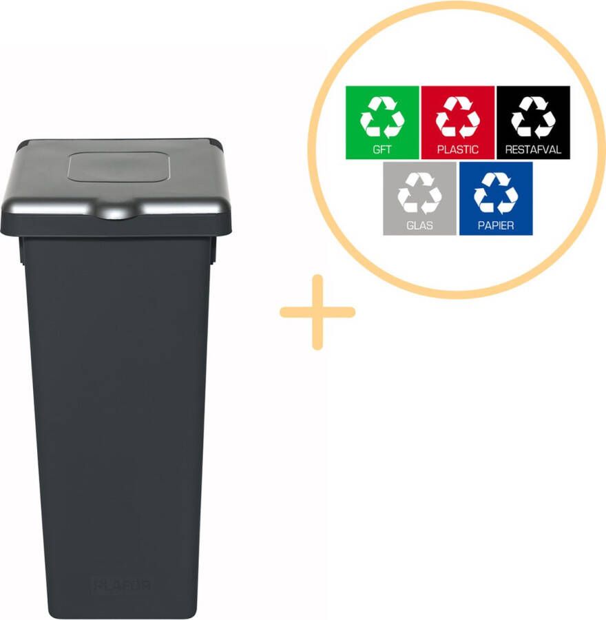 Plafor Fit Bin Prullenbak met Deksel voor Afvalscheiding 20L – Zwart Grijs Inclusief 5-delige Stickerset Afvalbak voor gemakkelijk Afval Scheiden en Recycling Afvalemmer Vuilnisbak voor Huishouden Keuken en Kantoor Afvalbakken Recyclen