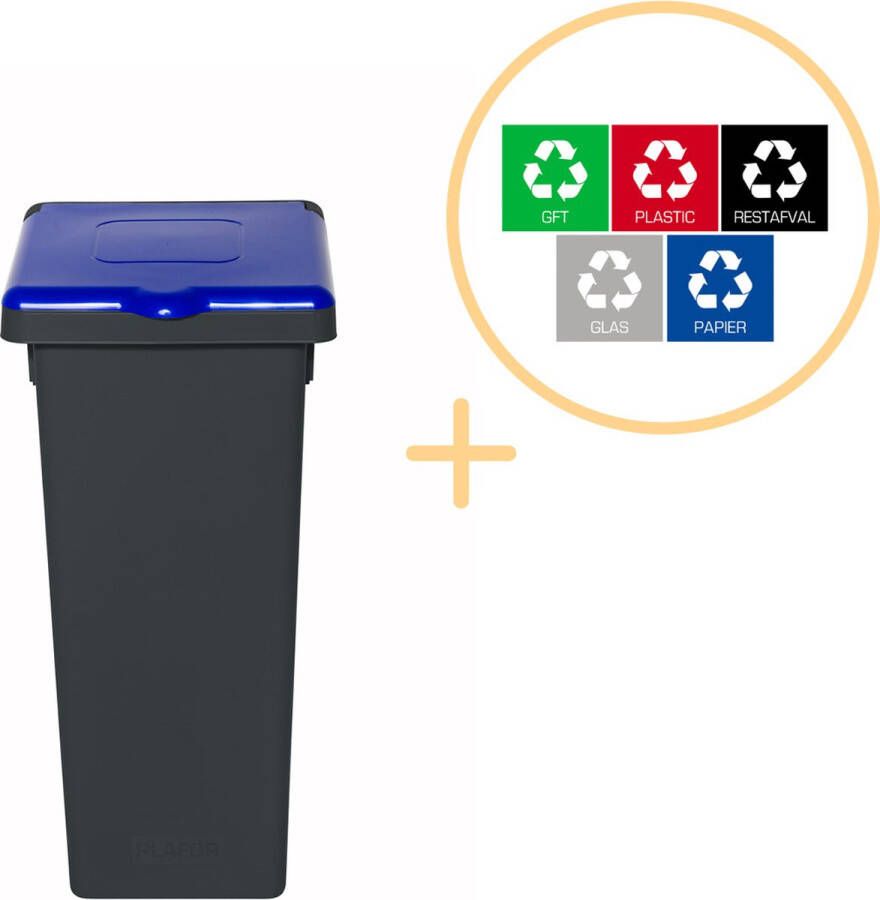 Plafor Fit Bin Prullenbak met Deksel voor Afvalscheiding 53L – Zwart Blauw Inclusief 5-delige Stickerset Afvalbak voor gemakkelijk Afval Scheiden en Recycling Afvalemmer Vuilnisbak voor Huishouden Keuken en Kantoor Afvalbakken Recyclen