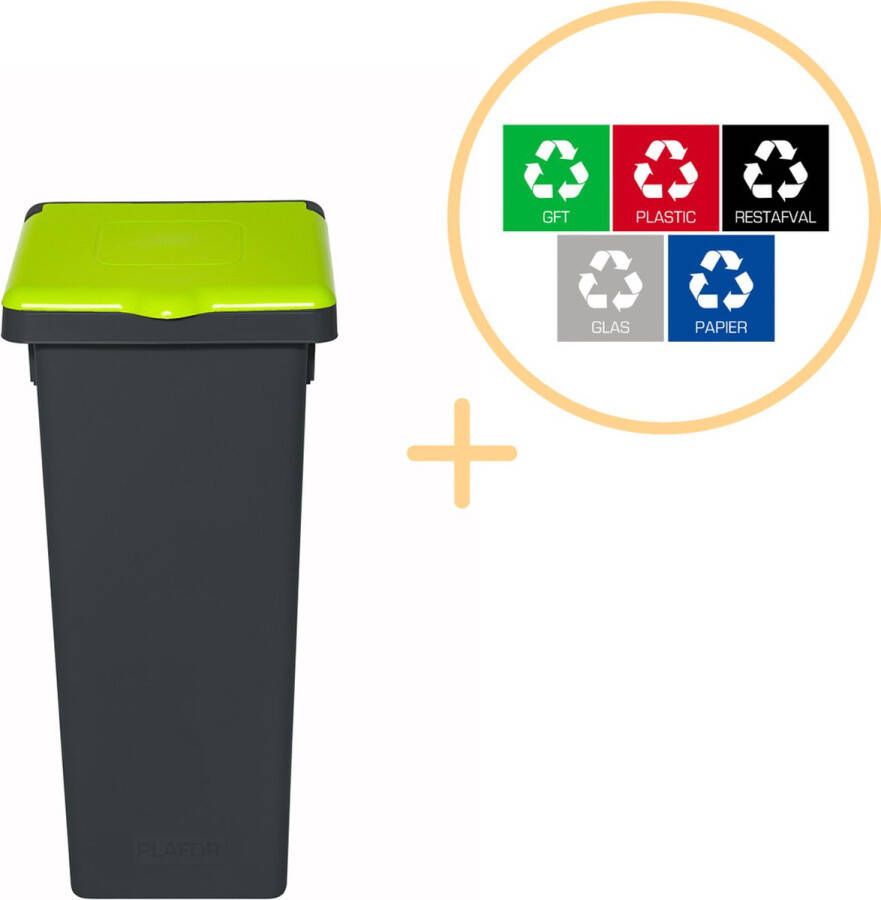 Plafor Fit Bin Prullenbak met Deksel voor Afvalscheiding 75L – Zwart Groen Inclusief 5-delige Stickerset Afvalbak voor gemakkelijk Afval Scheiden en Recycling Afvalemmer Vuilnisbak voor Huishouden Keuken en Kantoor Afvalbakken Recyclen