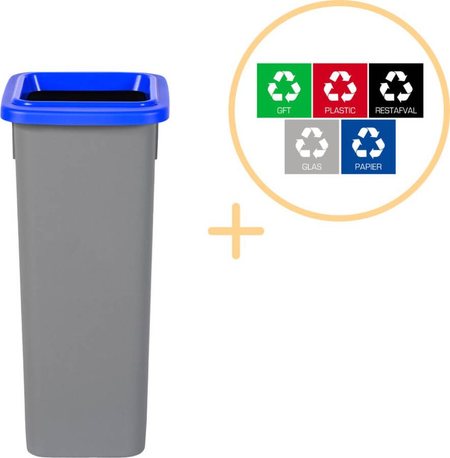 Plafor Fit Bin Prullenbak voor afvalscheiding 20L – Grijs Blauw Inclusief 5-delige Stickerset Afvalbak voor gemakkelijk Afval Scheiden en Recycling Afvalemmer Vuilnisbak voor Huishouden Keuken en Kantoor Afvalbakken Recyclen