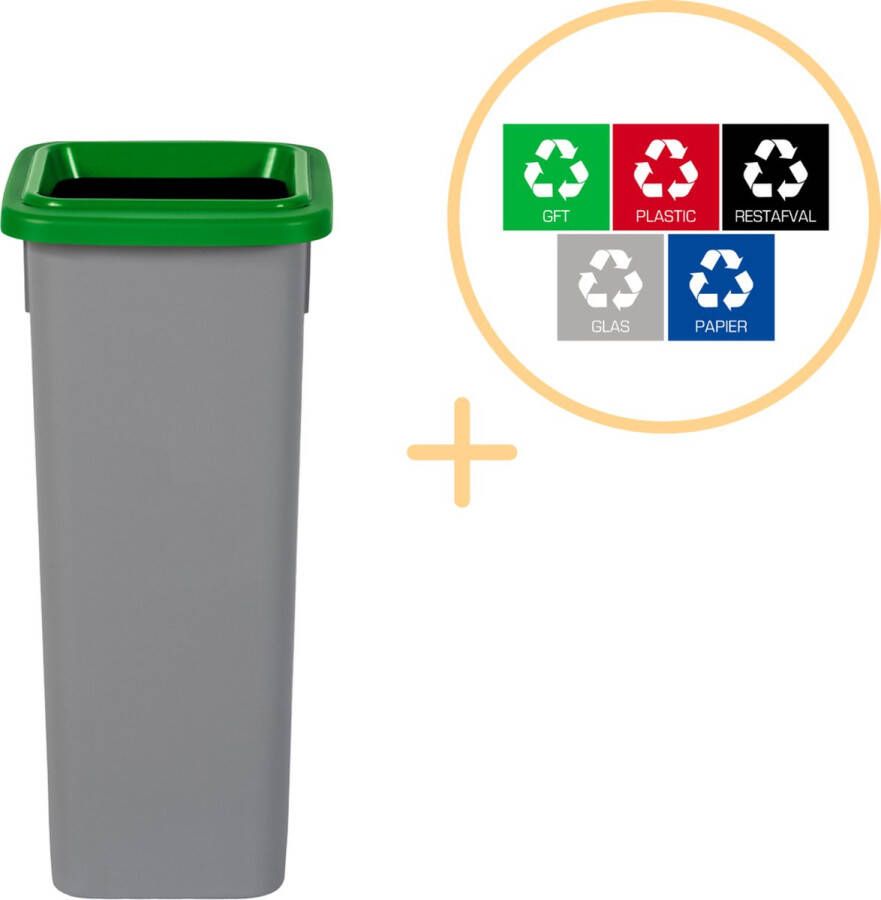Plafor Fit Bin Prullenbak voor afvalscheiding 20L – Grijs Groen Inclusief 5-delige Stickerset Afvalbak voor gemakkelijk Afval Scheiden en Recycling Afvalemmer Vuilnisbak voor Huishouden Keuken en Kantoor Afvalbakken Recyclen