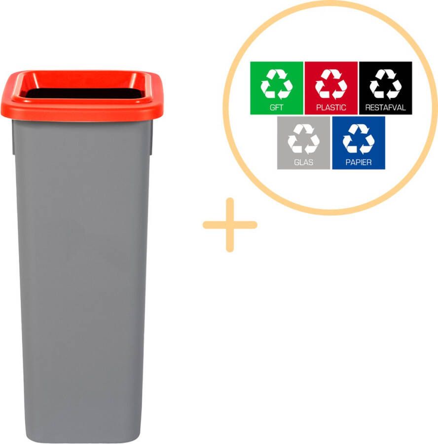 Plafor Fit Bin Prullenbak voor afvalscheiding 20L – Grijs Rood Inclusief 5-delige Stickerset Afvalbak voor gemakkelijk Afval Scheiden en Recycling Afvalemmer Vuilnisbak voor Huishouden Keuken en Kantoor Afvalbakken Recyclen