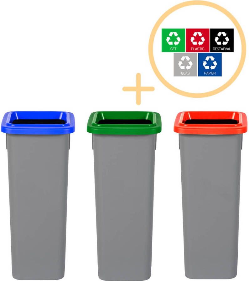 Plafor Fit Bin Prullenbak voor afvalscheiding 20L – Set van 3 Blauw Groen Rood Inclusief 5-delige Stickerset Afvalbak voor gemakkelijk Afval Scheiden en Recycling Afvalemmer Vuilnisbak voor Huishouden Keuken en Kantoor Afvalbakken