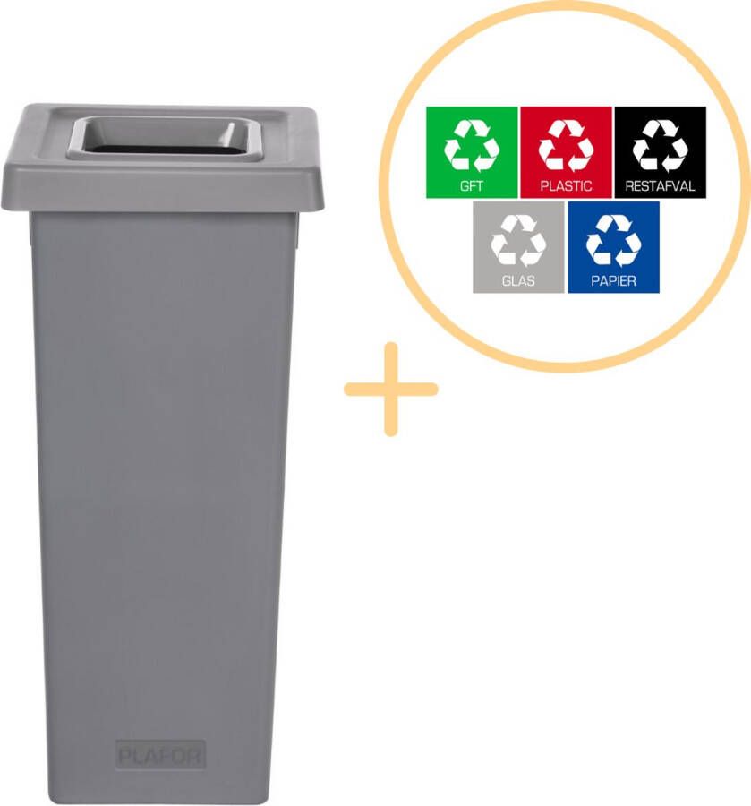 Plafor Fit Bin Prullenbak voor afvalscheiding 53L – Grijs Inclusief 5-delige Stickerset Afvalbak voor gemakkelijk Afval Scheiden en Recycling Afvalemmer Vuilnisbak voor Huishouden Keuken en Kantoor Afvalbakken Recyclen