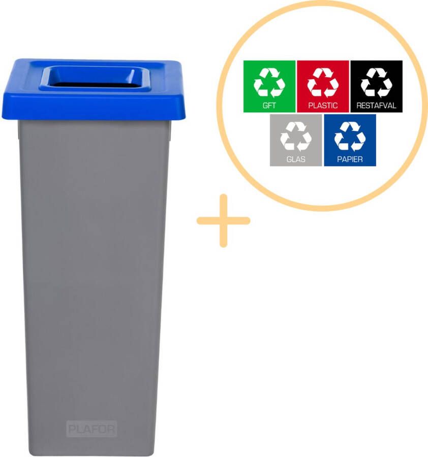 Plafor Fit Bin Prullenbak voor afvalscheiding 53L – Grijs Blauw Inclusief 5-delige Stickerset Afvalbak voor gemakkelijk Afval Scheiden en Recycling Afvalemmer Vuilnisbak voor Huishouden Keuken en Kantoor Afvalbakken Recyclen