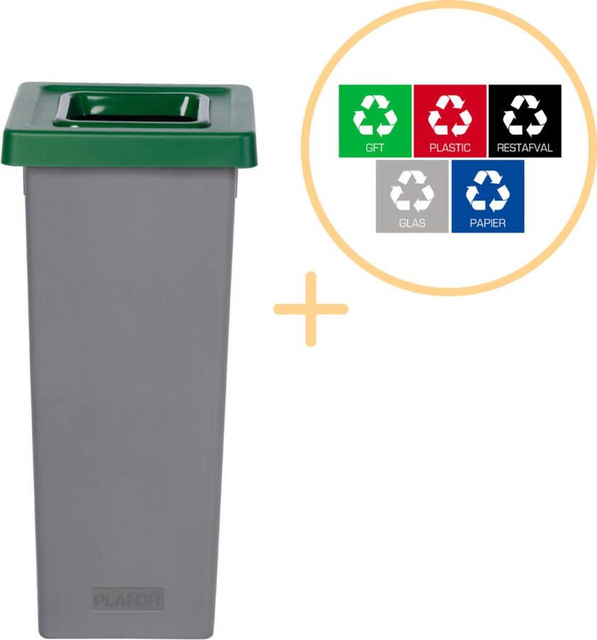 Plafor Fit Bin Prullenbak voor afvalscheiding 53L – Grijs Groen Inclusief 5-delige Stickerset Afvalbak voor gemakkelijk Afval Scheiden en Recycling Afvalemmer Vuilnisbak voor Huishouden Keuken en Kantoor Afvalbakken Recyclen
