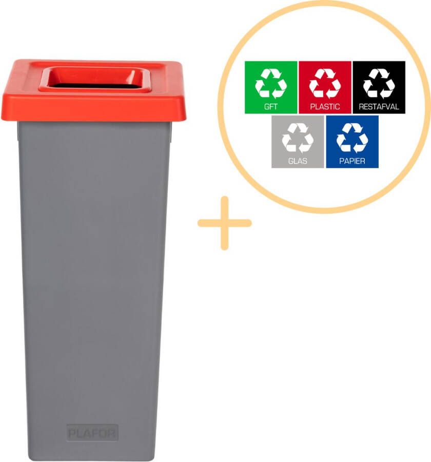 Plafor Fit Bin Prullenbak voor afvalscheiding 53L – Grijs Rood Inclusief 5-delige Stickerset Afvalbak voor gemakkelijk Afval Scheiden en Recycling Afvalemmer Vuilnisbak voor Huishouden Keuken en Kantoor Afvalbakken Recyclen