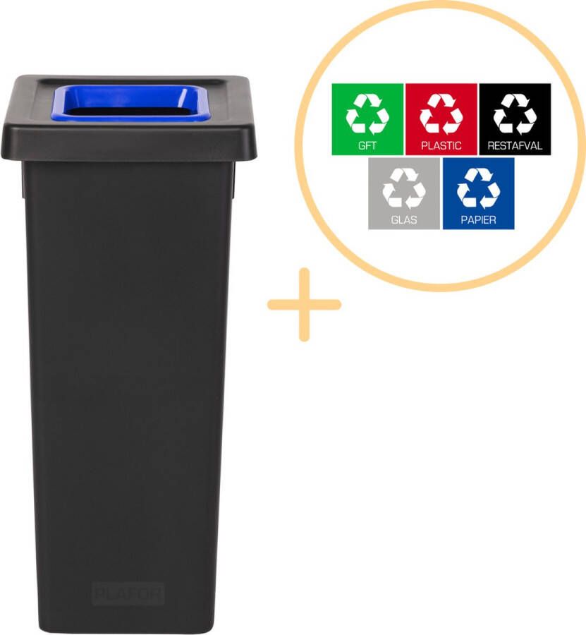 Plafor Fit Bin Prullenbak voor afvalscheiding 53L – Zwart Blauw Inclusief 5-delige Stickerset Afvalbak voor gemakkelijk Afval Scheiden en Recycling Afvalemmer Vuilnisbak voor Huishouden Keuken en Kantoor Afvalbakken Recyclen