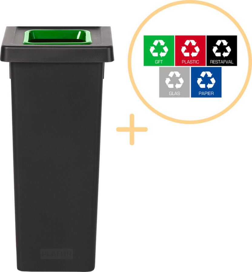 Plafor Fit Bin Prullenbak voor afvalscheiding 53L – Zwart Groen Inclusief 5-delige Stickerset Afvalbak voor gemakkelijk Afval Scheiden en Recycling Afvalemmer Vuilnisbak voor Huishouden Keuken en Kantoor Afvalbakken Recyclen