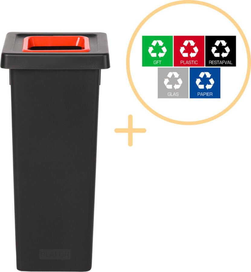 Plafor Fit Bin Prullenbak voor afvalscheiding 53L – Zwart Rood Inclusief 5-delige Stickerset Afvalbak voor gemakkelijk Afval Scheiden en Recycling Afvalemmer Vuilnisbak voor Huishouden Keuken en Kantoor Afvalbakken Recyclen