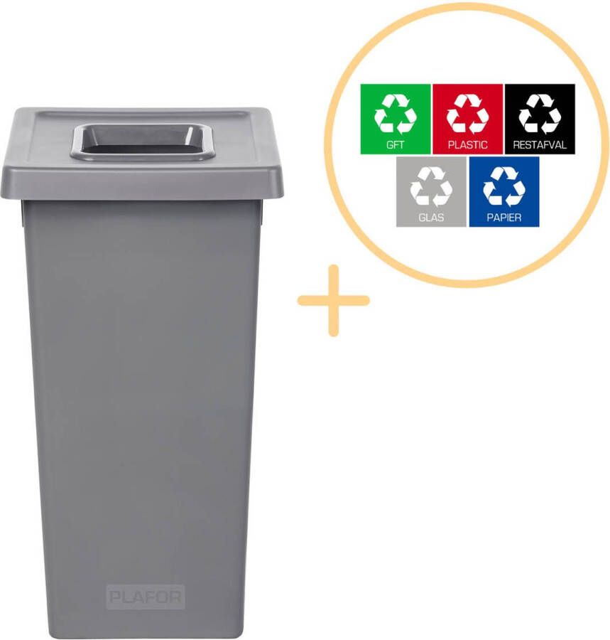 Plafor Fit Bin Prullenbak voor afvalscheiding 75L – Grijs Inclusief 5-delige Stickerset Afvalbak voor gemakkelijk Afval Scheiden en Recycling Afvalemmer Vuilnisbak voor Huishouden Keuken en Kantoor Afvalbakken Recyclen