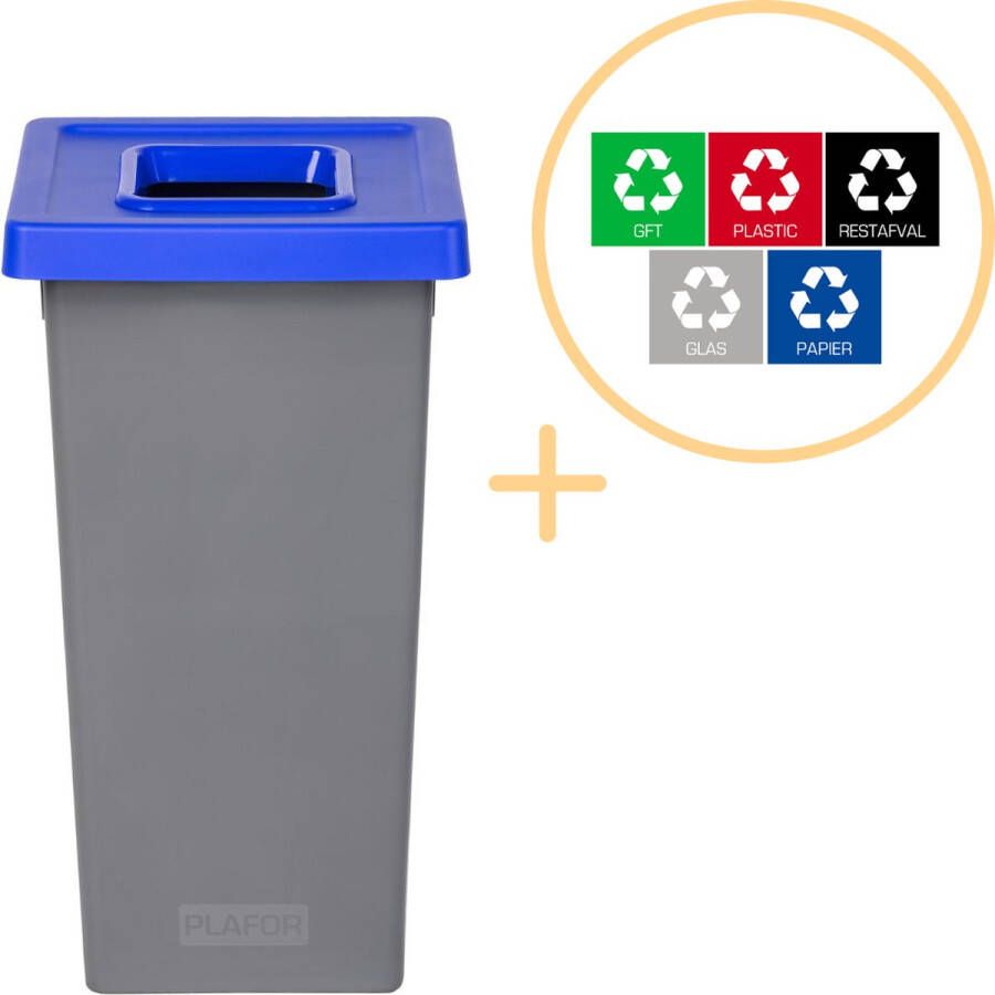 Plafor Fit Bin Prullenbak voor afvalscheiding 75L – Grijs Blauw Inclusief 5-delige Stickerset Afvalbak voor gemakkelijk Afval Scheiden en Recycling Afvalemmer Vuilnisbak voor Huishouden Keuken en Kantoor Afvalbakken Recyclen