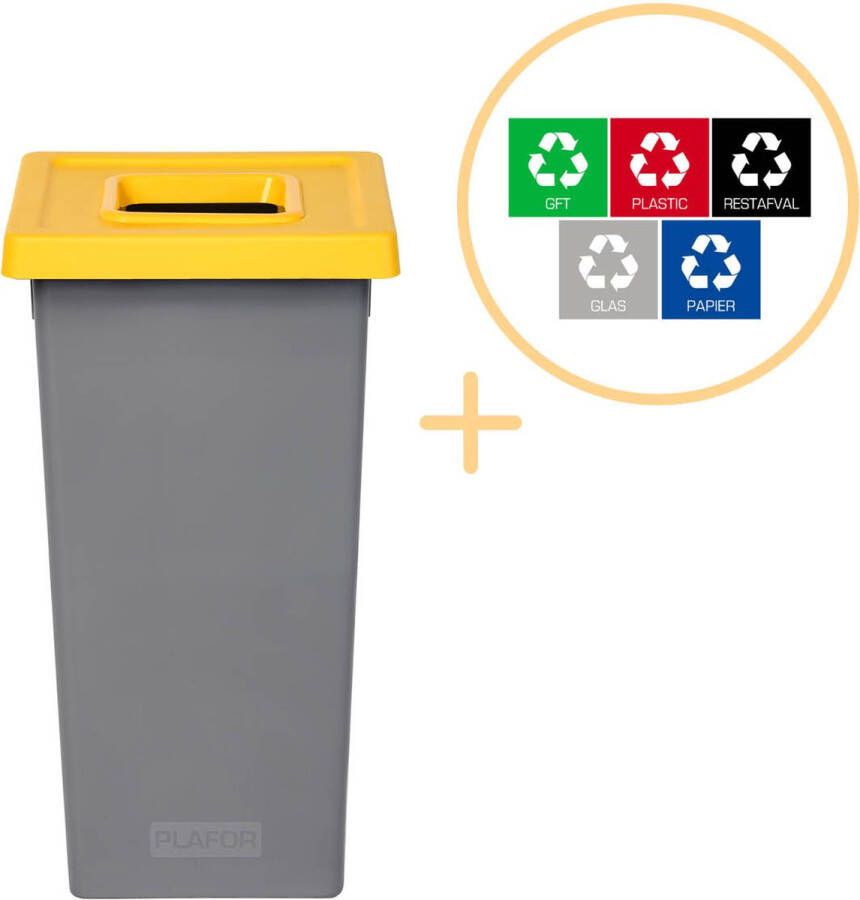 Plafor Fit Bin Prullenbak voor afvalscheiding 75L – Grijs Geel- Inclusief 5-delige Stickerset Afvalbak voor gemakkelijk Afval Scheiden en Recycling Afvalemmer Vuilnisbak voor Huishouden Keuken en Kantoor Afvalbakken Recyclen