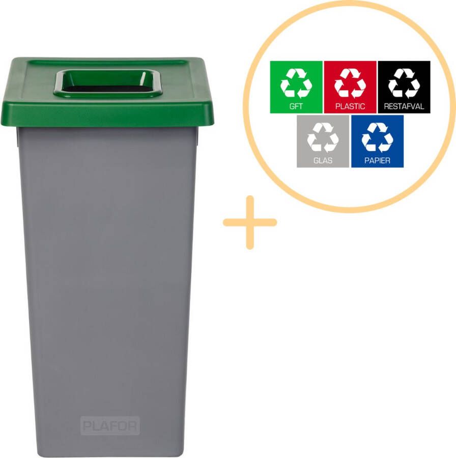 Plafor Fit Bin Prullenbak voor afvalscheiding 75L – Grijs Groen Inclusief 5-delige Stickerset Afvalbak voor gemakkelijk Afval Scheiden en Recycling Afvalemmer Vuilnisbak voor Huishouden Keuken en Kantoor Afvalbakken Recyclen