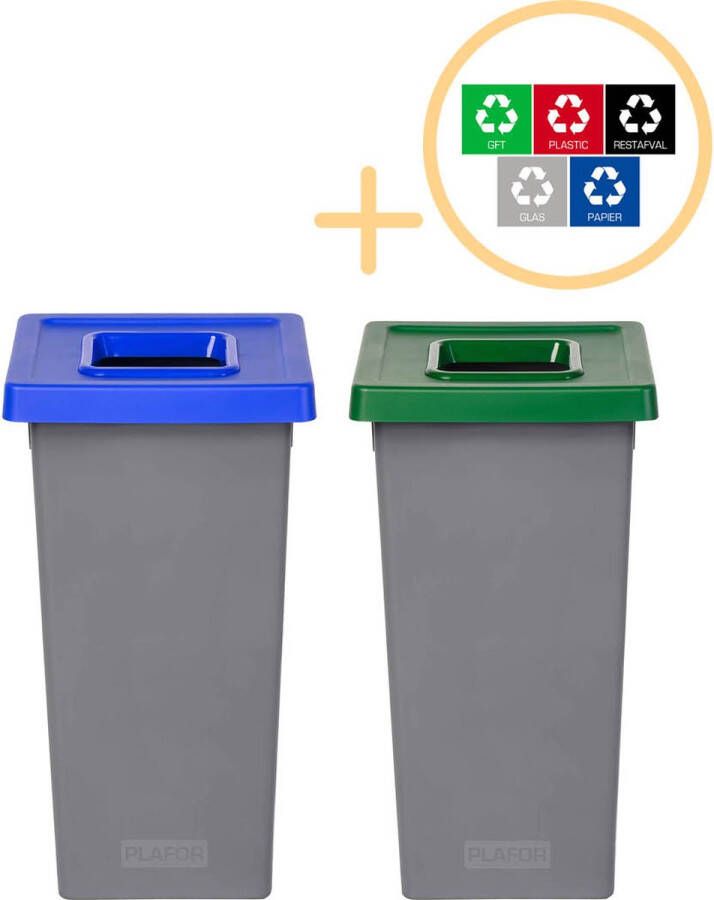 Plafor Fit Bin Prullenbak voor afvalscheiding 75L – Set van 2 Blauw Groen- Inclusief 5-delige Stickerset Afvalbak voor gemakkelijk Afval Scheiden en Recycling Afvalemmer Vuilnisbak voor Huishouden Keuken en Kantoor Afvalbakken