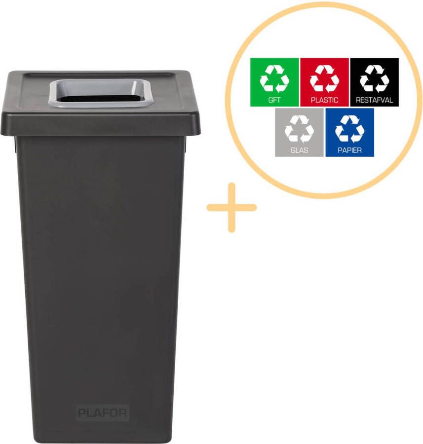 Plafor Fit Bin Prullenbak voor afvalscheiding 75L – Zwart Grijs- Inclusief 5-delige Stickerset Afvalbak voor gemakkelijk Afval Scheiden en Recycling Afvalemmer Vuilnisbak voor Huishouden Keuken en Kantoor Afvalbakken Recyclen