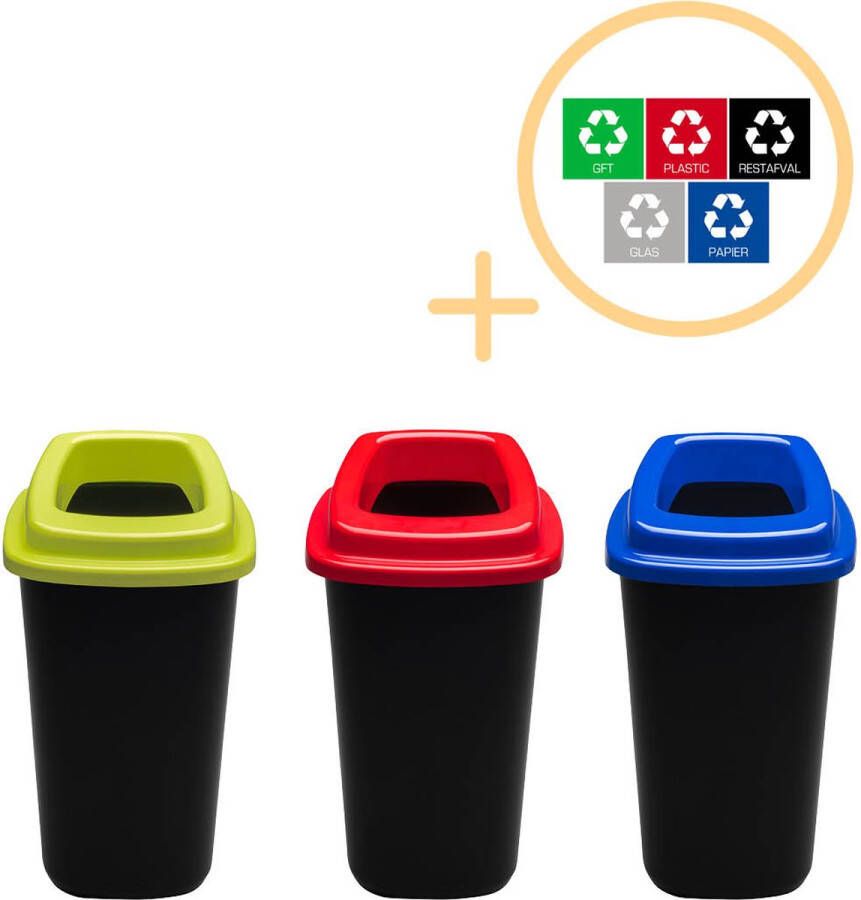Plafor Sort Bin Prullenbak voor afvalscheiding 28L – Set van 3 Blauw Groen Rood Inclusief 5-delige Stickerset Afvalbak voor gemakkelijk Afval Scheiden en Recycling Afvalemmer Vuilnisbak voor Huishouden Keuken en Kantoor Afvalbakken