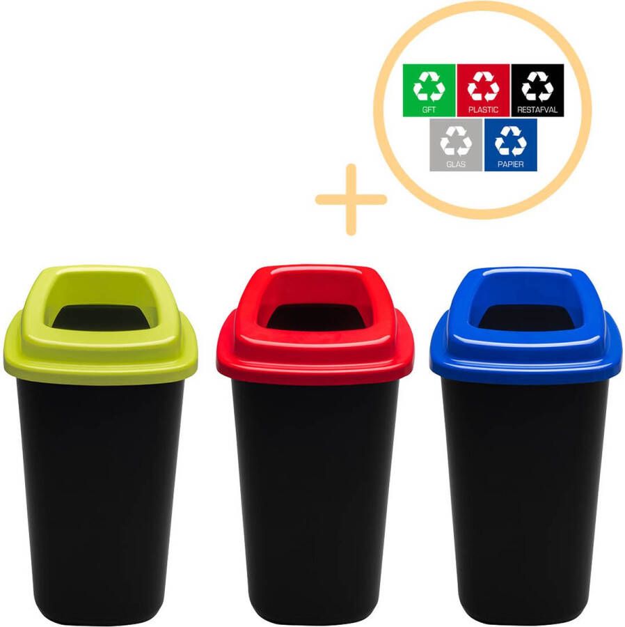 Plafor Sort Bin Prullenbak voor afvalscheiding 45L – Set van 3 Blauw Groen Rood Inclusief 5-delige S Recyclen