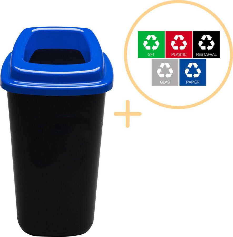 Plafor Sort Bin Prullenbak voor afvalscheiding 45L – Zwart Blauw Inclusief 5-delige Stickerset Afvalbak voor gemakkelijk Afval Scheiden en Recycling Afvalemmer Vuilnisbak voor Huishouden Keuken en Kantoor Afvalbakken Recyclen