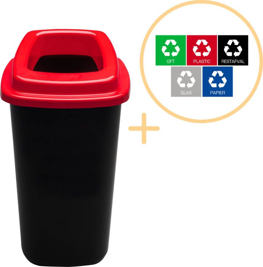 Plafor Sort Bin Prullenbak voor afvalscheiding 45L – Zwart Rood Inclusief 5-delige Stickerset Afvalbak voor gemakkelijk Afval Scheiden en Recycling Afvalemmer Vuilnisbak voor Huishouden Keuken en Kantoor Afvalbakken Recyclen