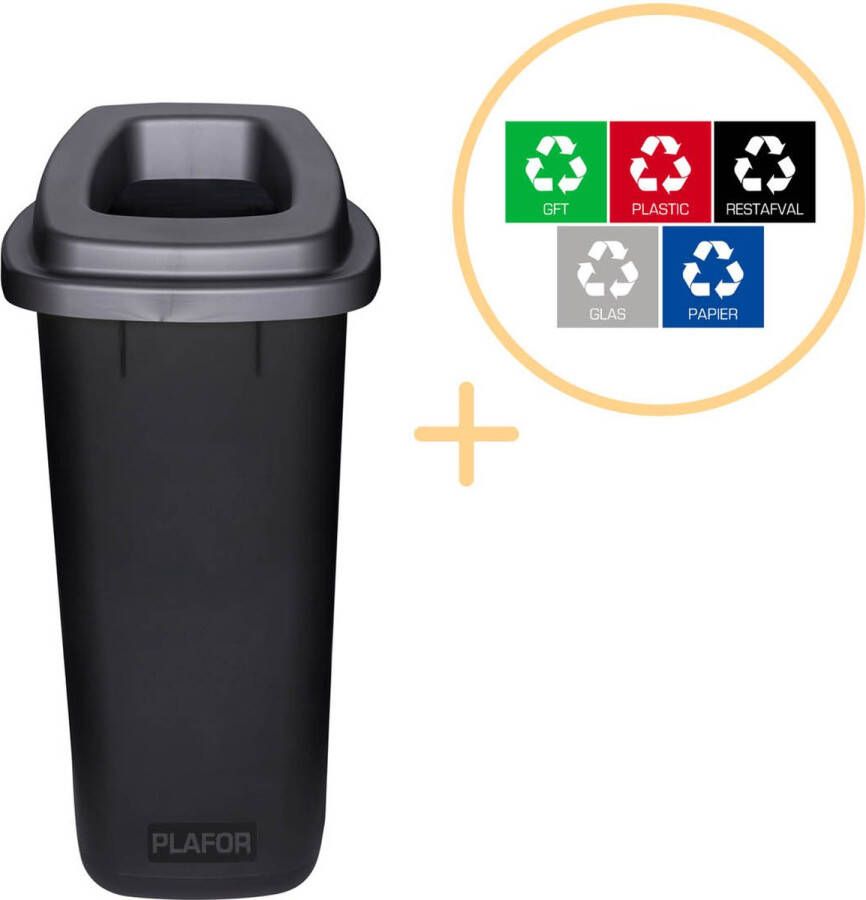 Plafor Sort Bin Prullenbak voor afvalscheiding 90L – Zwart- Inclusief 5-delige Stickerset Afvalbak voor gemakkelijk Afval Scheiden en Recycling Afvalemmer Vuilnisbak voor Huishouden Keuken en Kantoor Afvalbakken Recyclen