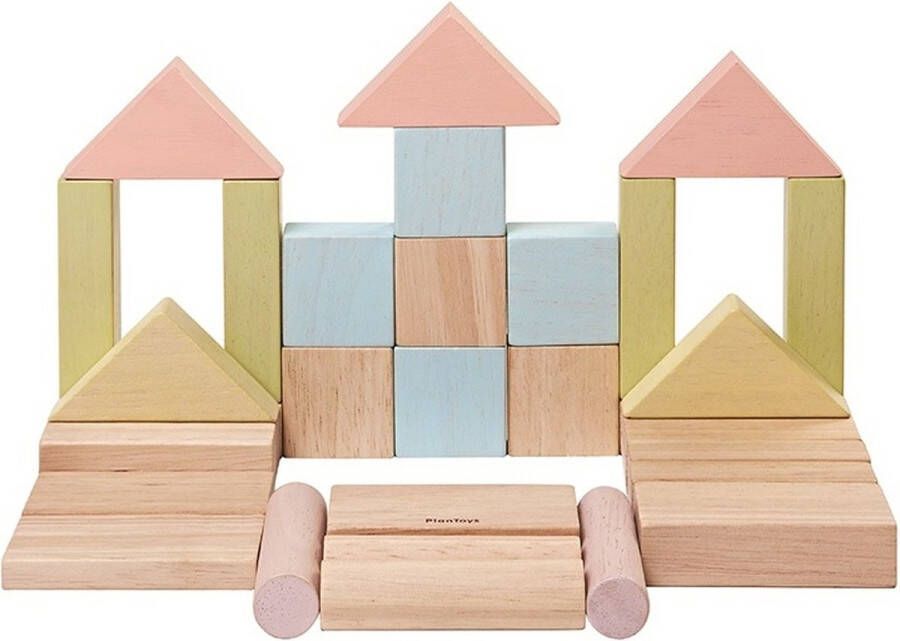 Plantoys Houten Speelgoed 40 blokken Als een geweldige startersset om de creativiteit en verbeelding van kinderen te stimuleren bevat de set 40 houten blokken in 6 vormen (18 pastelkleurige stukken en 22 natuurlijke houtkleurige stukken)