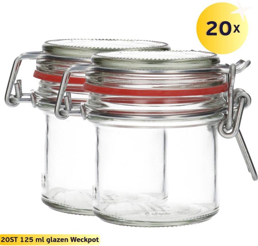 Plasticflessenshop.nl 20x Glazen Weckpot 125 ml Rond & Transparant Inmaakpotten Mason Jar Weckpotten met Deksel Confituurpotten Hervulbaar Glas 2 Potten