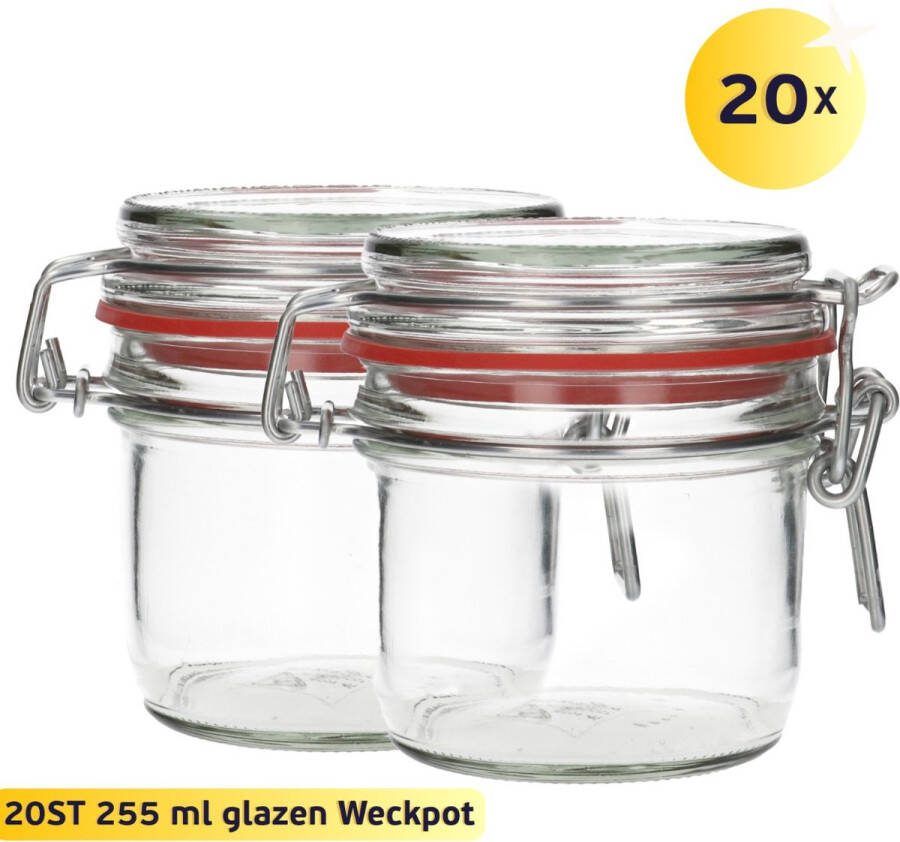 Plasticflessenshop.nl 20x Glazen Weckpot 255 ml Rond & Transparant Inmaakpotten Mason Jar Weckpotten met Deksel Confituurpotten Hervulbaar Glas 20 Potten