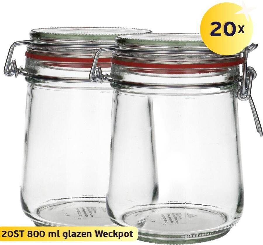 Plasticflessenshop.nl 20x Glazen Weckpot 800 ml Rond & Transparant Inmaakpotten Mason Jar Weckpotten met Deksel Confituurpotten Hervulbaar Glas 20 Potten