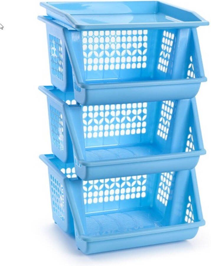Forte Plastics 3x Blauwe opberg kratten kasten organizers 3 vakken 62 x 32 cm Stapelbare manden bakken om spullen in op te bergen