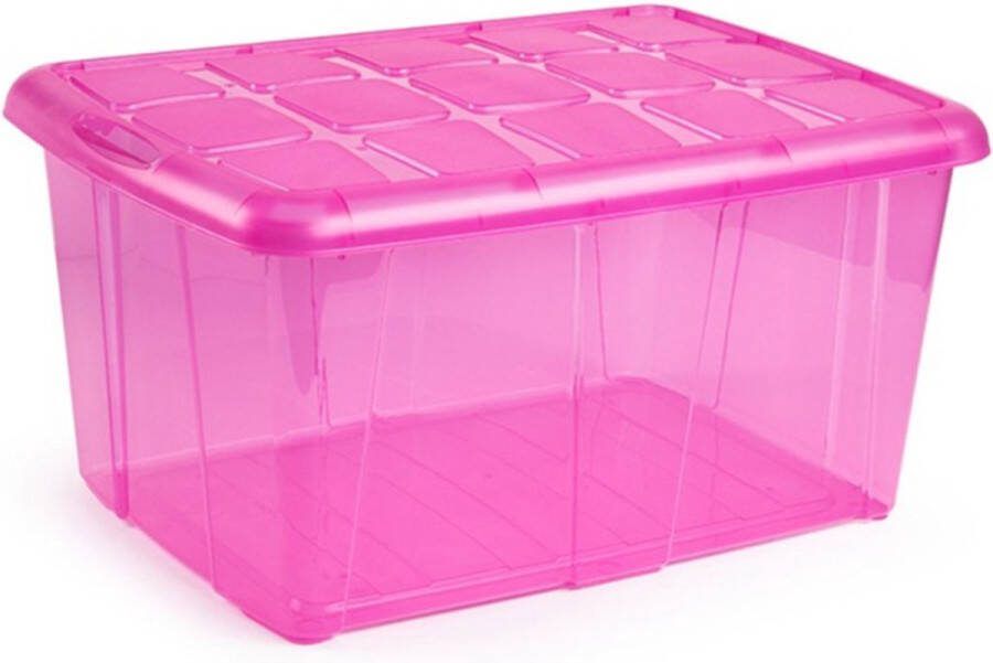 PLASTICFORTE 1x Opslagbakken organizers met deksel 60 liter 63 x 46 x 32 transparant roze Organizers opbergbakken