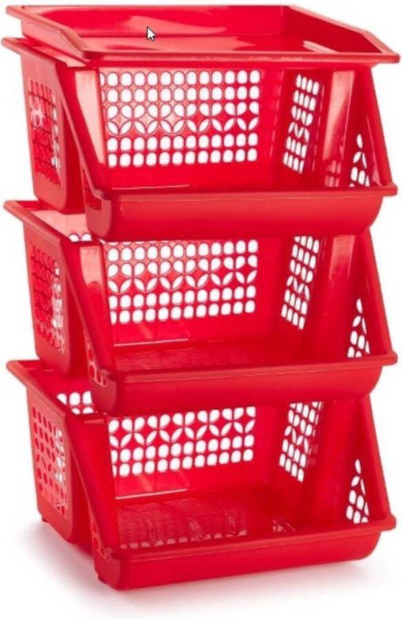 Forte Plastics 3x Rode opberg kratten kasten organizers 3 vakken 62 x 32 cm Stapelbare manden bakken om spullen in op te bergen