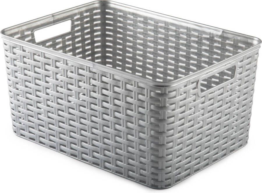 PLASTICFORTE 1x Zilveren geweven opbergboxen opbergdozen opbergmanden kunststof 18 liter opbergen manden dozen bakken opbergers
