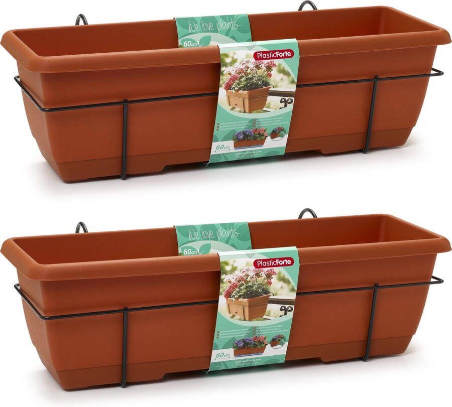 PLASTICFORTE 2x Balkon schutting plantenbak bloembak terracotta 60 cm met hanger Balkonpothanger plantenbakken bloembakken Tuin balkon decoraties