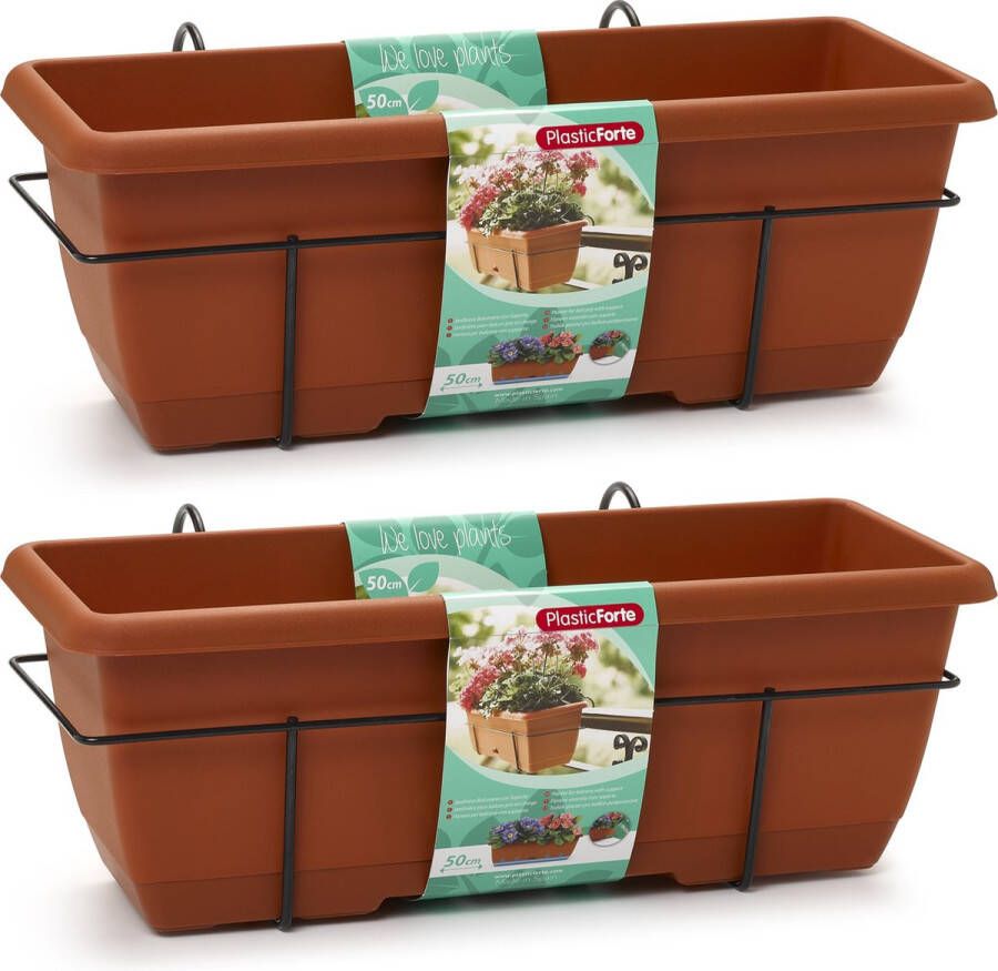 Forte Plastics 2x Balkon schutting plantenbakken bloembakken terracotta 50 cm met hanger Balkonpothanger plantenbakken bloembakken Tuin balkon decoraties