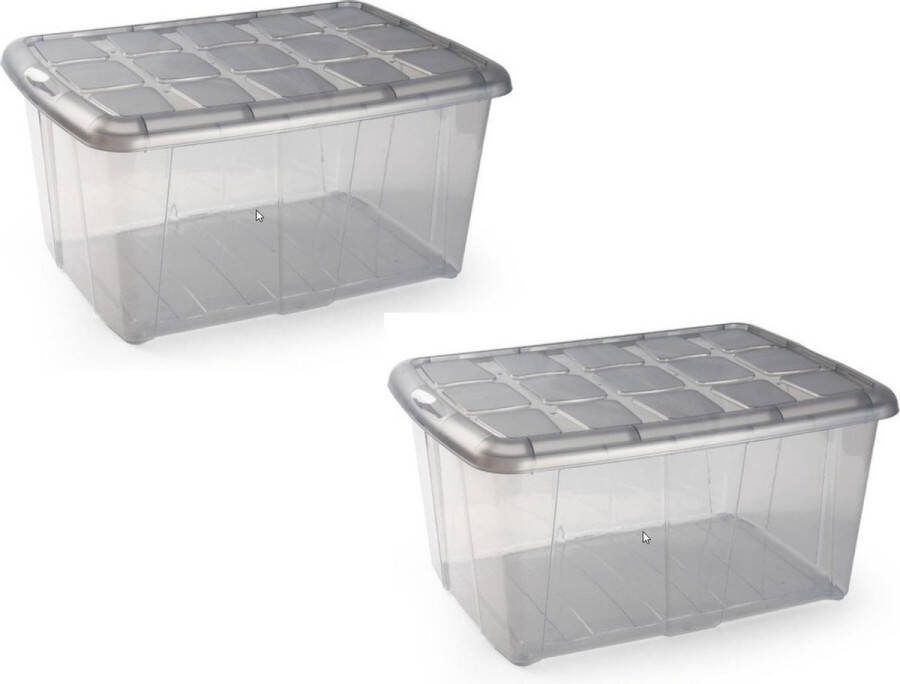 PLASTICFORTE 2x Opslagbakken organizers met deksel 60 liter 63 x 46 x 32 transparant grijs Organizers opbergbakken