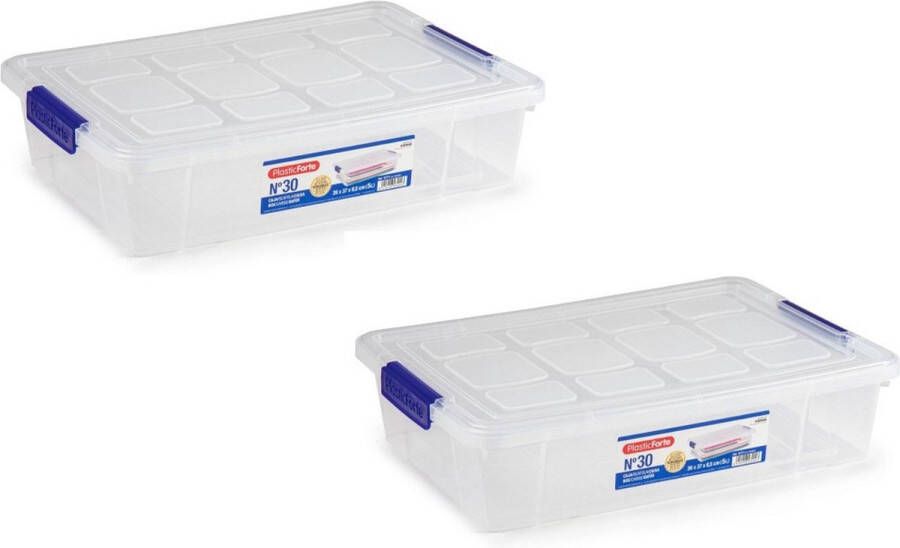 Forte Plastics 2x stuks opslagbox met clips-deksel 5 liter transparant 26 x 40 x 8.5 cm Opbergbox