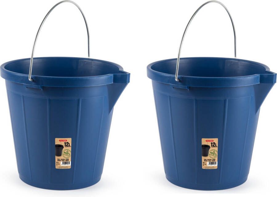 Forte Plastics 2x stuks blauwe schoonmaakemmer huishoudemmer 12 liter 31 x 31 cm -Kunststof plastic emmer met metalen hengsel