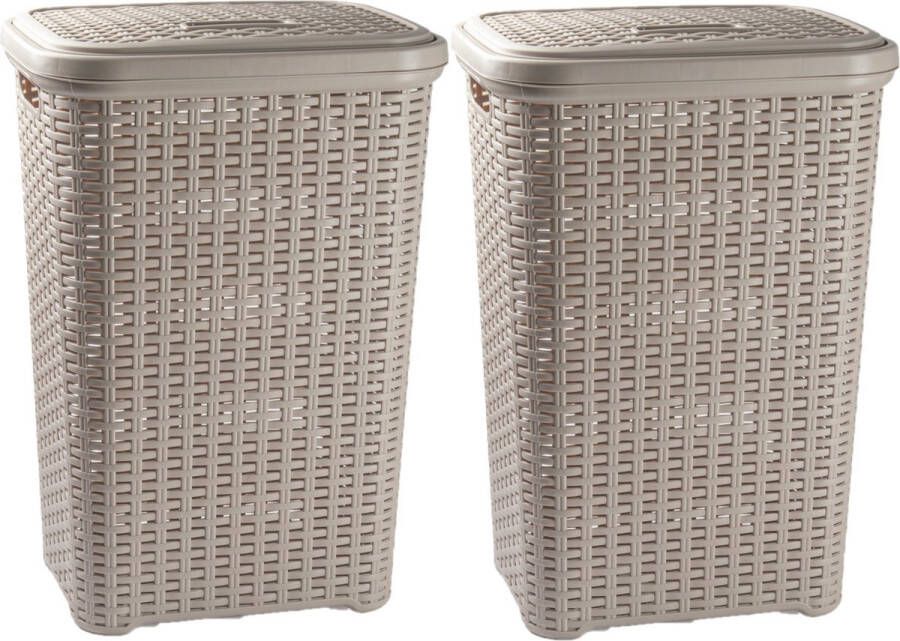 Forte Plastics 2x stuks grote rotan wasmand opbergmand met deksel 60 liter in kleur taupe Kunststof L35 x B43 x H62 cm Wasmanden