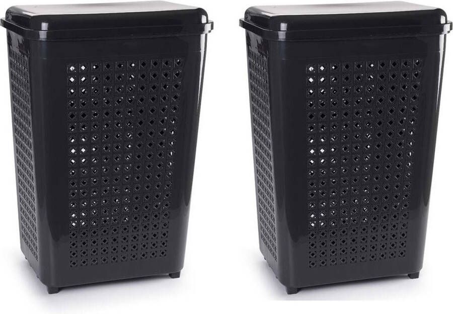 PLASTICFORTE 2x stuks grote wasmand opberg mand met deksel 50 liter in het donkergrijs Kunststof 41 x 31 x 61 cm Wasmanden