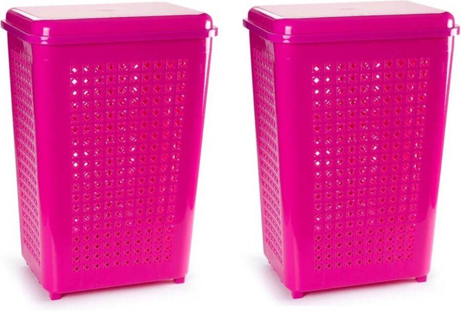 PLASTICFORTE 2x stuks grote wasmand opberg mand met deksel 50 liter in het fuchsia roze Kunststof 41 x 31 x 61 cm Wasmanden