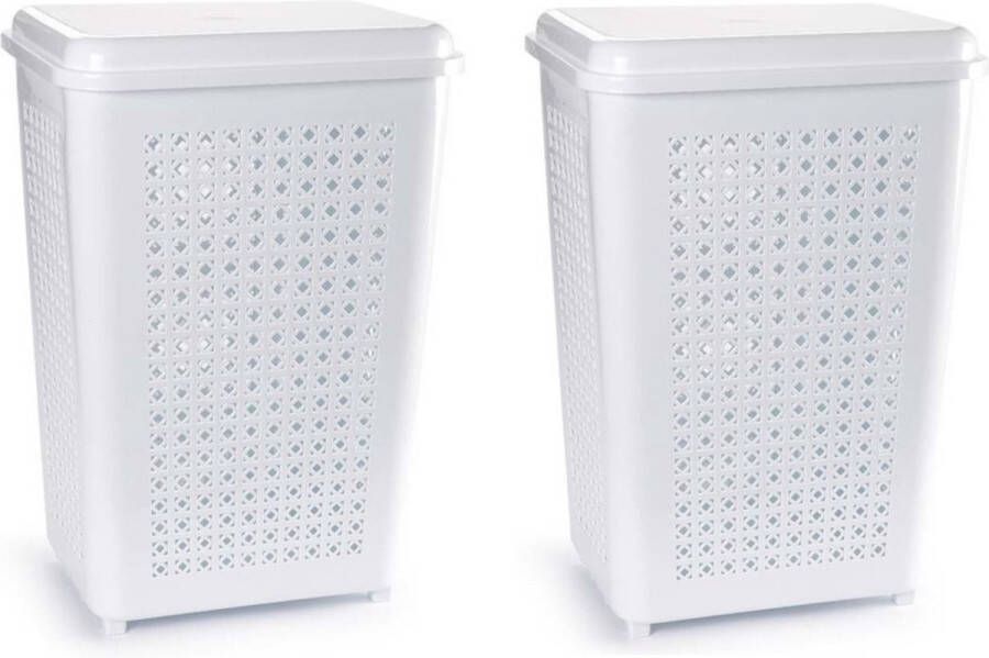 PLASTICFORTE 2x stuks grote wasmand opberg mand met deksel 50 liter in het wit Kunststof 41 x 31 x 61 cm Wasmanden