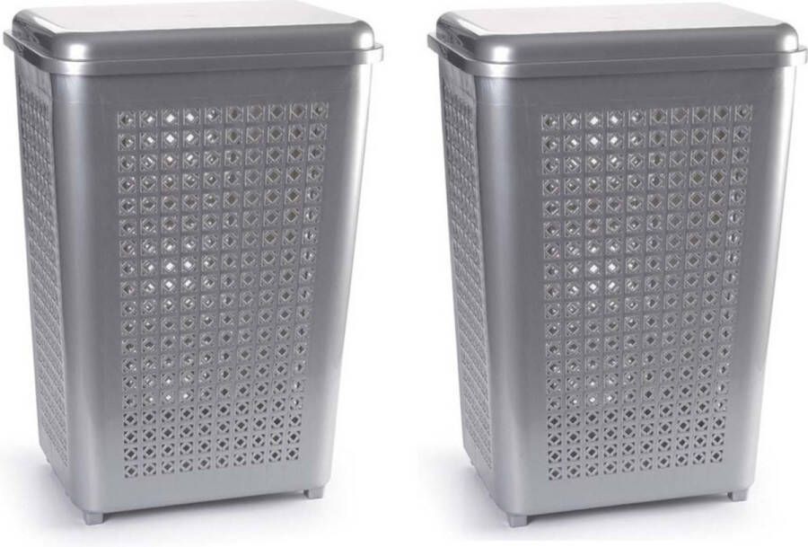 PLASTICFORTE 2x stuks grote wasmand opberg mand met deksel 50 liter in het zilver Kunststof 41 x 31 x 61 cm Wasmanden